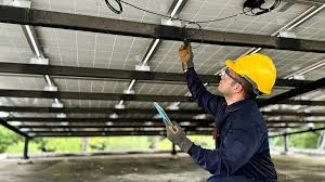 Technician working under solar panels
